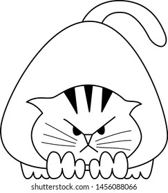 contoured black and white illustration - cute chubby cat getting ready to jump - front view