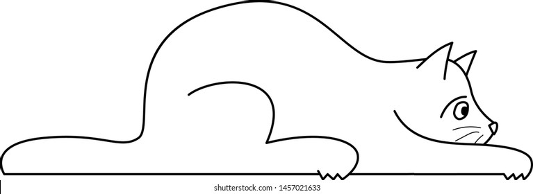 contoured black and white illustration - cute chubby cat lying on his belly - side view