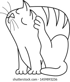 contoured black and white illustration - cute chubby cat sitting scratching his ear - side view