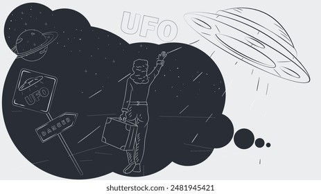 contoured black and white illustration, a girl with a large suitcase in her hand votes a UFO flying past her 