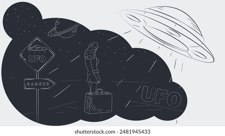 contoured black and white illustration, a girl with a suitcase near her feet is waiting to board a UFO 
