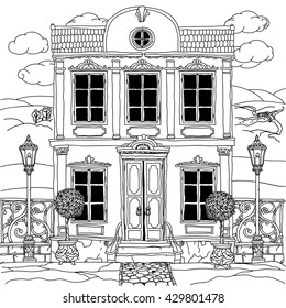 Contoured Black and white illustration of a house with details for adult coloring book or for zen art therapy anti stress drawing. Hand-drawn, vector,very detailed, for coloring, poster design.