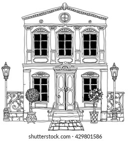 Contoured Black and white illustration of a house with details for adult coloring book or for zen art therapy anti stress drawing. Hand-drawn, vector,very detailed, for coloring, poster design.