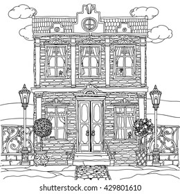 Contoured Black and white illustration of a house with details for adult coloring book or for zen art therapy anti stress drawing. Hand-drawn, vector,very detailed, for coloring, poster design.