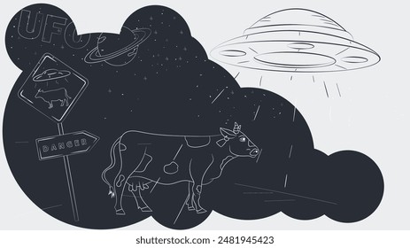 Contoured black and white illustration, a UFO abducts a cow next to a road sign 