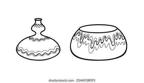 Contoured black and white illustration of vases, hand-drawn, isolated on a white background, vector. A decorative element for interior decoration, decor, decoration. An empty flower jug.