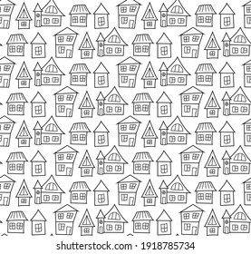 The contoured black and white low houses in the city are close to each other. For coloring and anti-stress. Seamless repeating doodle pattern on a white.