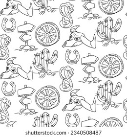 Contoured black and white pattern in western style, cowboy. Desert, wheel, cobra, cactus, direction, bull. Seamless vector for printing on paper and textiles. Thematic packaging. Western Party