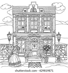 Contoured Black and white victorian house with a strolling woman in crinoline with vintage umbrella. for adult coloring book or for zen art therapy drawing. Hand-drawn, vector, for coloring, posters