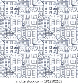 The contoured blue houses in the city are tightly adjacent to each other. For coloring and anti-stress. Seamless repeating pattern. Hand-drawn doodle.