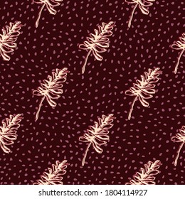 Contoured branch leaves seamless pattern. Hand drawn foliage ornament in maroon dotted background. Decorative backdrop for wallpaper, textile, wrapping paper, fabric print. Vector illustration.