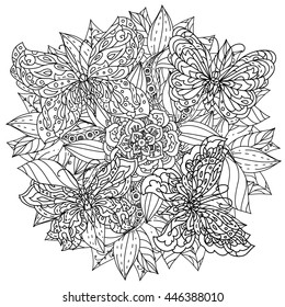 contoured butterflies and asian style flowers in mandala shape. zen style picture for anti stress drawing or colouring book. Hand-drawn, retro, doodle, vector, for coloring book, poster or card design