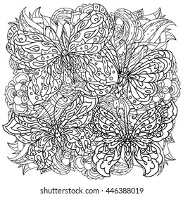 contoured butterflies and asian style flowers in mandala shape. zen style picture for anti stress drawing or colouring book. Hand-drawn, retro, doodle, vector, for coloring book, poster or card design