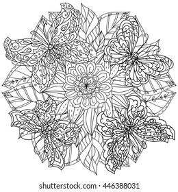 contoured butterflies and asian style flowers in mandala shape. zen style picture for anti stress drawing or colouring book. Hand-drawn, retro, doodle, vector, for coloring book, poster or card design