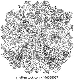 contoured butterflies and asian style flowers in mandala shape. zen style picture for anti stress drawing or colouring book. Hand-drawn, retro, doodle, vector, for coloring book, poster or card design