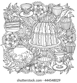 contoured cakes, cupcakes, sweets, teapot and cups and flowers zen art therapy style for anti stress drawing. Hand-drawn, retro, doodle, vector, mandala style, for coloring book or poster design