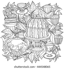 contoured cakes, cupcakes, sweets, teapot and cups and flowers zen art therapy style for anti stress drawing. Hand-drawn, retro, doodle, vector, mandala style, for coloring book or poster design