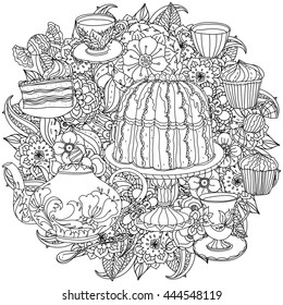 contoured cakes, cupcakes, sweets, teapot and cups and flowers zen art therapy style for anti stress drawing. Hand-drawn, retro, doodle, vector, mandala style, for coloring book or poster design