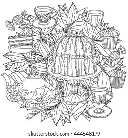 contoured cakes, cupcakes, sweets, teapot and cups and flowers zen art therapy style for anti stress drawing. Hand-drawn, retro, doodle, vector, mandala style, for coloring book or poster design