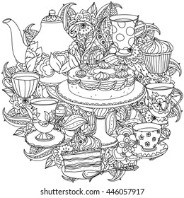 contoured cakes, cupcakes, sweets, teapot and cups for tea time and flowers in zen mandala style for anti stress drawing. Hand-drawn, retro, doodle, vector, for coloring book or poster design