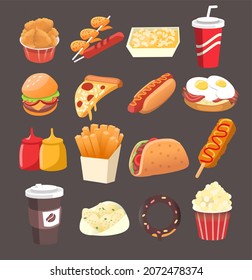 Contoured and colorful fast food. Icon set