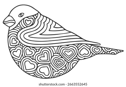 Pájaro decorativo contorneado en técnica doodle. Elementos en blanco y negro aislados sobre un fondo blanco. Libro para colorear para niños y adultos. Vector gráfico, ilustración.