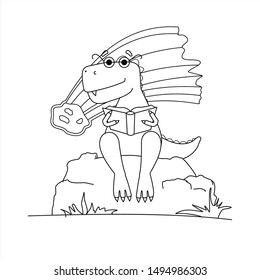 Contoured Dinosaur In Glasses Is Reading A Book. Smart Dinosaur On Background Of Falling Meteorite. A Tyrannosaurus With Glasses Sits On a Stone With a Book In its Paws. Vector Coloring Book page.