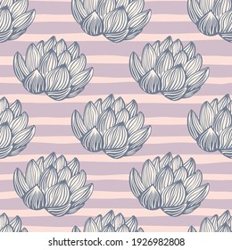 Contoured doodle lotus flower elements seamless pattern in simple style. Striped pink background. Decorative backdrop for fabric design, textile print, wrapping, cover. Vector illustration