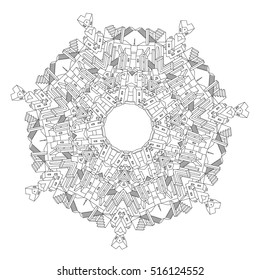 contoured drawing of a non-existent unreal city maze in mandala shape with houses, walls and stairs. Hand-drawn, doodle, vector, mandala style, detailed circle symmetry for Adult coloring book.