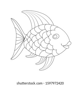 Contoured empty silhouette of a cartoon fish for soothing coloring by children and adults. Isolated on a white background. Flat style.

