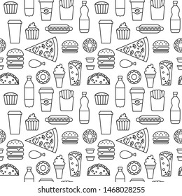 Contoured fast food seamless pattern. Junk food outline vector repeating background for textile design, wrapping paper, wallpaper.