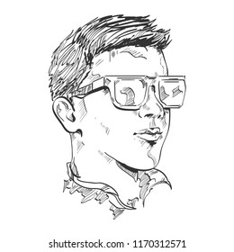 A contoured figure of a guy wearing glasses, looking at the bright sun. Detailed image