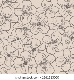 Contoured floral seamless pattern. Simple minimalistic style. Blossoming branches of trees. Outline of flowers. Symbol of spring.