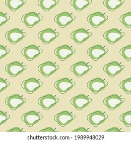 Contoured green modern abstract apples seamless pattern. Fruit backdrop. Beige background. Organic print. Perfect for fabric design, textile print, wrapping, cover. Vector illustration.