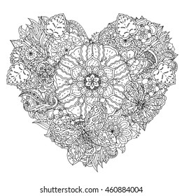 Contoured heart shaped flowers and butterflies for adult coloring book or art therapy style zen drawing. Hand-drawn, stylish doodle in tatto style, for coloring book or fabric design in vector.