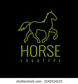 Contoured horse logo in green, linear illustration of a drawing of a running horse. Isolated on a black background. Vector graphics