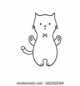 Contoured kitten with a bow tie on the chest. Vector simple Doodle illustration of a cat in a minimalistic style. Element for decorating a holiday, postcard, or Notepad