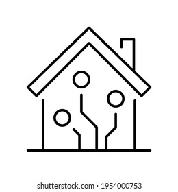 Contoured linear smart house icon vector illustration. Monochrome simple modern hi tech private dwelling with innovation technology isolated. Outline home with remote control automation application