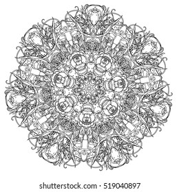 contoured luxury flowers in mandala shape. zen style picture for anti stress colouring book. Hand-drawn, doodle, vector the best for your design, wedding cards, coloring book. Black and white.