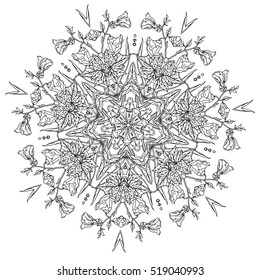 contoured luxury flowers in mandala shape. zen style picture for anti stress colouring book. Hand-drawn, doodle, vector the best for your design, wedding cards, coloring book. Black and white.