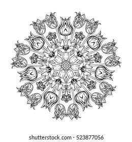 contoured luxury flowers in mandala shape. zen style picture for anti stress colouring book. Hand-drawn, doodle, vector the best for your design, wedding cards, coloring book. Black and white.