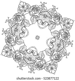 contoured luxury flowers in mandala shape. zen style picture for anti stress colouring book. Hand-drawn, doodle, vector the best for your design, wedding cards, coloring book. Black and white.