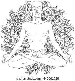 contoured Man in Yoga lotus position for meditation on Floral ornamental bacground for adult coloring book in zen art style. Hand-drawn, vector, black and white, for coloring book or poster design