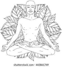 contoured Man in Yoga lotus position for meditation on Floral ornamental bacground for adult coloring book in zen art style. Hand-drawn, vector, black and white, for coloring book or poster design