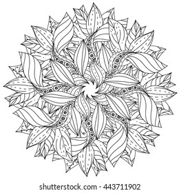 contoured mandala shape flowers for adult coloring book in zen art therapy style for anti stress drawing. Hand-drawn, retro, doodle, vector, mandala style, for coloring book or poster design.