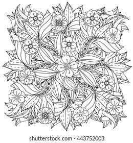contoured mandala shape flowers for adult coloring book in zen art therapy style for anti stress drawing. Hand-drawn, retro, doodle, vector, mandala style, for coloring book or poster design.