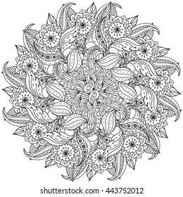 contoured mandala shape flowers for adult coloring book in zen art therapy style for anti stress drawing. Hand-drawn, retro, doodle, vector, mandala style, for coloring book or poster design.
