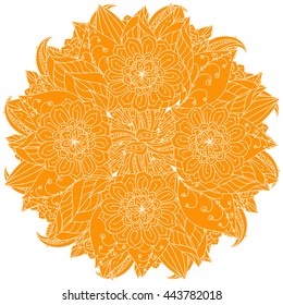 contoured mandala shape flowers for adult coloring book in zen art therapy style for anti stress drawing. Hand-drawn, retro, doodle, vector, mandala style, for coloring book or poster design.