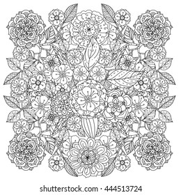 contoured mandala shape flowers for adult coloring book in zen art therapy style for anti stress drawing. Hand-drawn, retro, doodle, vector, mandala style, for coloring book or poster design.