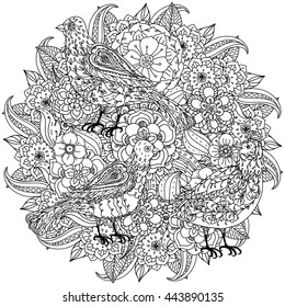 contoured mandala shape flowers and birds for adult coloring book in zen art therapy style for anti stress drawing.